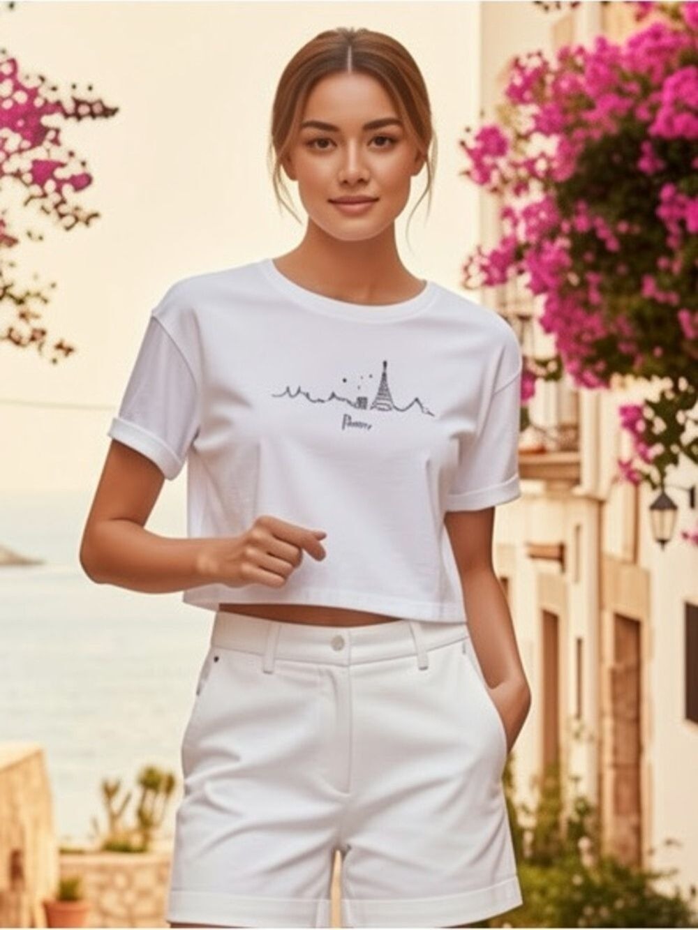 Topshop Paris Embroidered Skyline White Cropped Tee Shirt Boxy Fit NWT Size 12